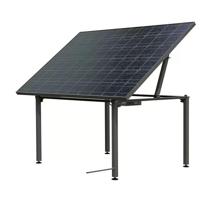 Technaxx Solar-Tischkraftwerk 400 W TX-250 - 400 W, L x B x H: 173 x 114 x 84 cm - Einstellbares dunkelgraues Solarmodul auf einem grauen Metallständer.