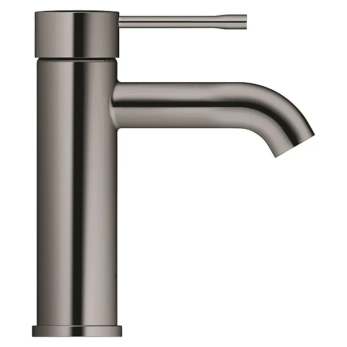 Grohe Essence New Waschtischarmatur S-Size - Ohne Zugstange, Hard Graphite, Glänzend - Nahaufnahme eines modernen, mattschwarzen Wasserhahns mit klaren Linien und minimalistischem Design, ideal für stilvolle Badezimmer.
