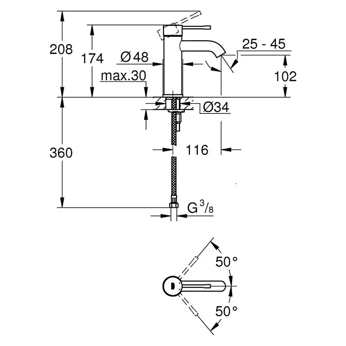Grohe Essence New Waschtischarmatur S-Size - Ohne Zugstange, Cool Sunrise, Matt - Technische Zeichnung einer Armatur mit Maßen und Details zu Anschlüssen und Abmessungen.