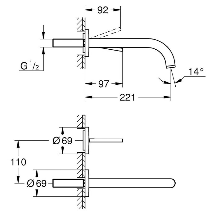 Grohe Atrio Wand-Waschtischarmatur L (2-Loch, Hard Graphite, Matt)