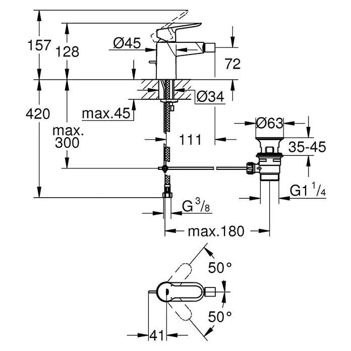 Grohe Bidetarmatur - Glänzend - Detailzeichnung einer Armatur mit Maßen für Installation und Design.