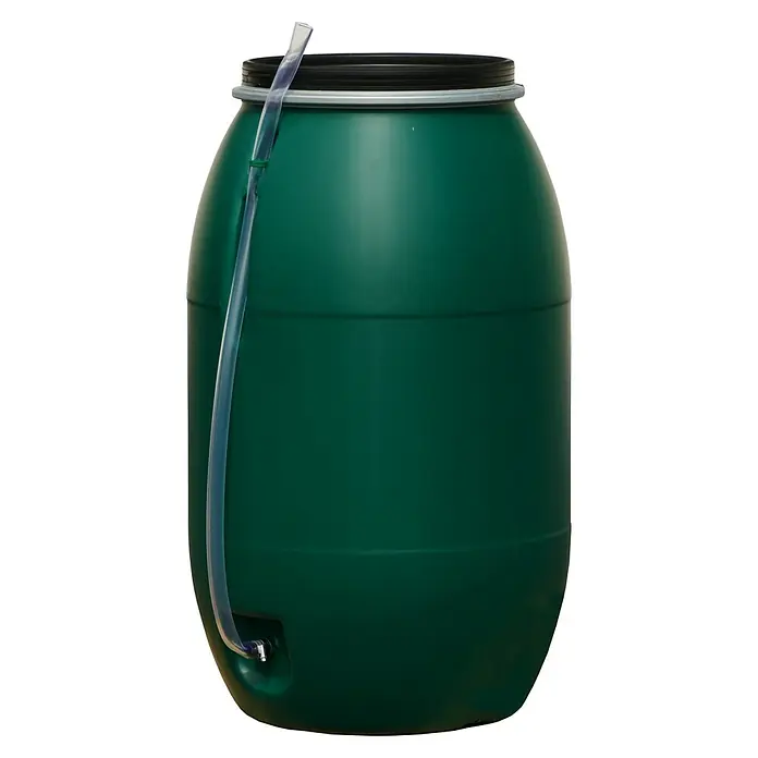 Regentonne - 220 l, Grün, 1 Stk. - Grüne Regentonne mit schwarzem Deckel und durchsichtigem Schlauch zur Wasserentnahme. Ideal für Gartenbewässerung und Wassersammlung.
