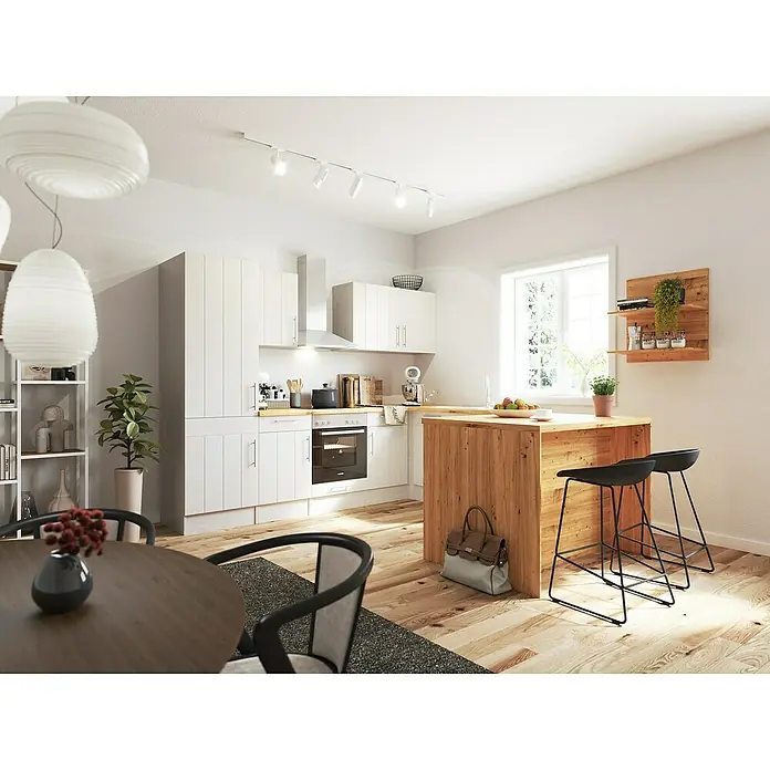 Respekta Inselküche Anton - B x L: 280 x 172 cm, Lärche Weiß Nachbildung, Mit Elektrogeräten - Helle Küche mit Kochinsel aus Holz und modernen Barhockern. Klare Linien und freundliche Atmosphäre im Essbereich.