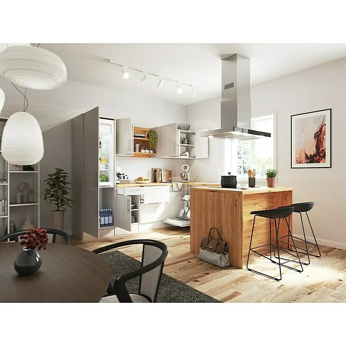 Respekta Inselküche Anton mit Haube - B x L: 280 x 172 cm, Lärche Weiß Nachbildung, Mit Elektrogeräten - Helles Küchendesign mit modernen Möbeln, einer stilvollen Kochinsel, Barhockern und einer Dunstabzugshaube aus Edelstahl.