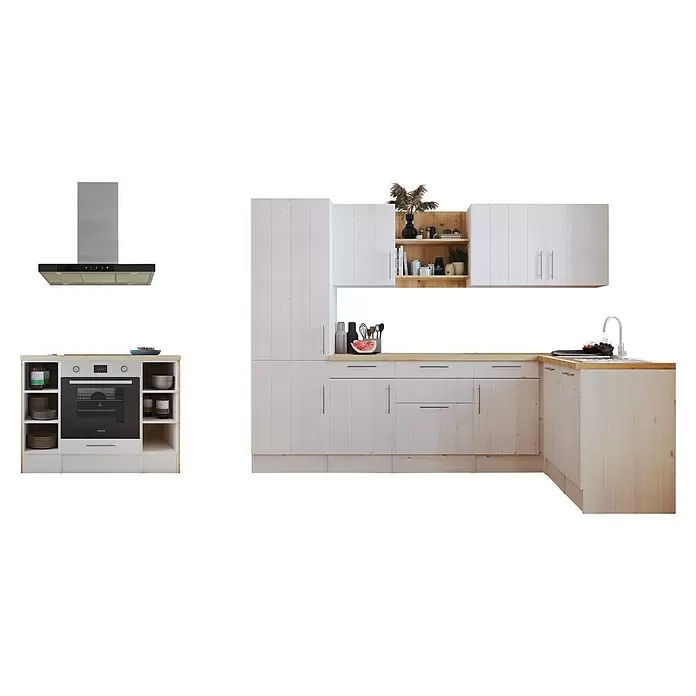 Respekta Inselküche Anton mit Haube - B x L: 280 x 172 cm, Lärche Weiß Nachbildung, Mit Elektrogeräten - Helle Holz- und weiße Modulküche mit eingebautem Ofen, Dunstabzugshaube und Spülbecken.