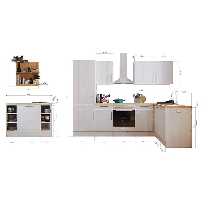 Respekta Inselküche Anton - B x L: 280 x 172 cm, Lärche Weiß Nachbildung, Mit Elektrogeräten - Modulare Küchenmöbel aus hellem Holz und Weiß, mit Unter- und Oberschränken, Regalen, Backofen und Spüle.