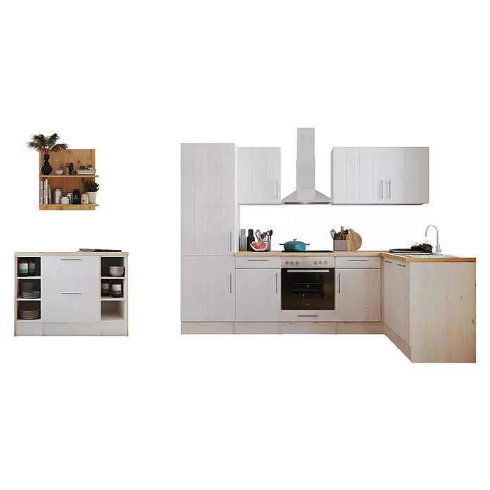 Respekta Inselküche Anton - B x L: 280 x 172 cm, Lärche Weiß Nachbildung, Mit Elektrogeräten - Helle Holzküche mit Arbeitsplatten, Backofen, Spüle und Regalen.