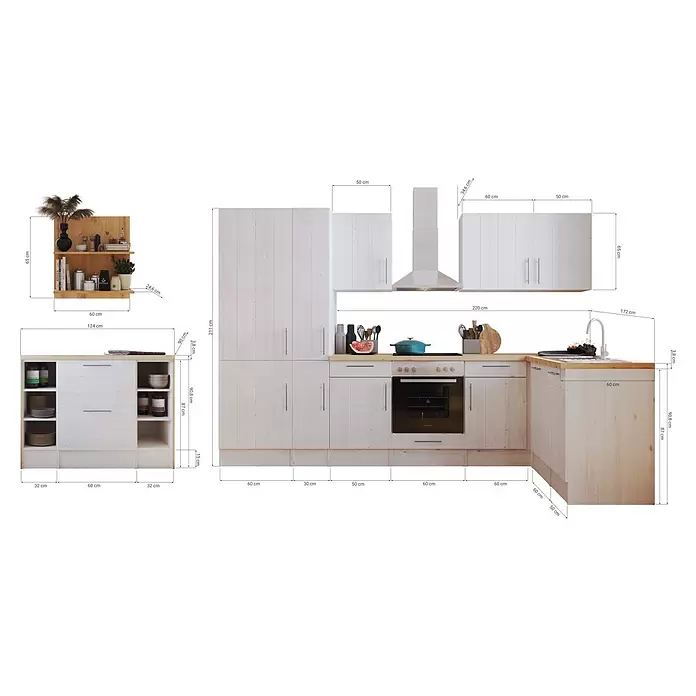 Respekta Inselküche Anton - B x L: 310 x 172 cm, Lärche Weiß Nachbildung, Mit Elektrogeräten - Modulare Küchenzeile aus hellem Holz mit Schränken, Backofen, Kochfeld, Spüle und Dunstabzugshaube, ergänzt durch ein Wandregal.