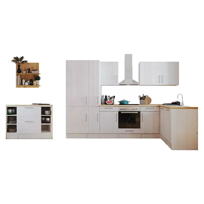 Respekta Inselküche Anton - B x L: 310 x 172 cm, Lärche Weiß Nachbildung, Mit Elektrogeräten - Moderne L-förmige Küchenzeile aus weißem und hellem Holz mit Backofen, Kochfeld, Spüle, Dunstabzugshaube sowie separatem Unterschrank und Wandregal.