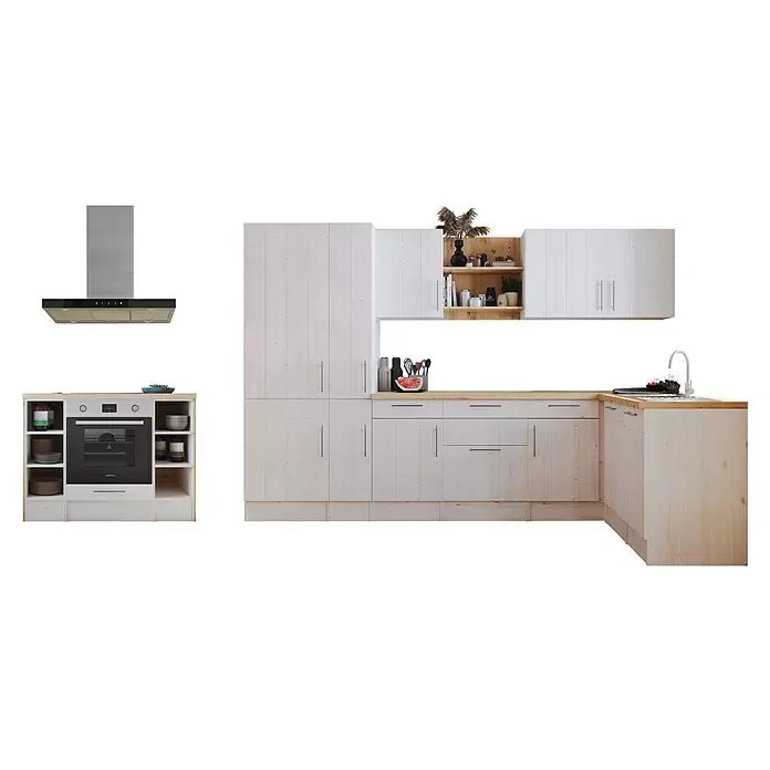 Respekta Inselküche Anton mit Haube - B x L: 310 x 172 cm, Lärche Weiß Nachbildung, Mit Elektrogeräten - Moderne Küchenzeile mit weißen Holzmaserungs-Schränken, hellen Arbeitsplatten, integriertem Backofen, Spüle und Dunstabzugshaube aus Edelstahl.