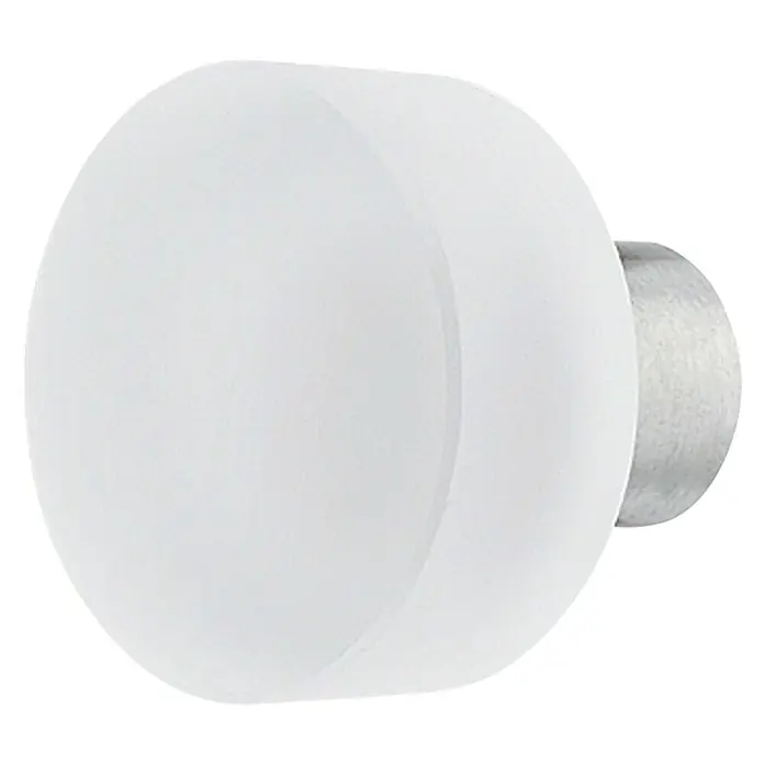 Häfele Pomo para muebles - Tipo de tirador del mueble: Botón, Ø x Al: 25 x 22 mm, Vidrio, Blanco lechoso - Primer plano de un tirador de mueble redondo blanco con base plateada, ideal para cajones o armarios.