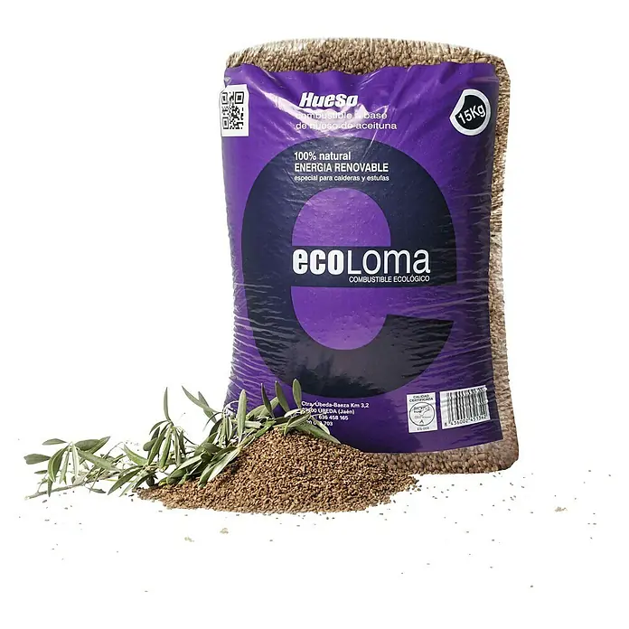 Pellets de hueso de aceituna de hueso de oliva - 15 kg - Saco de combustible de hueso de aceituna EcoLoma, 15 kg, energía natural y renovable para calderas y estufas, con rama de olivo.