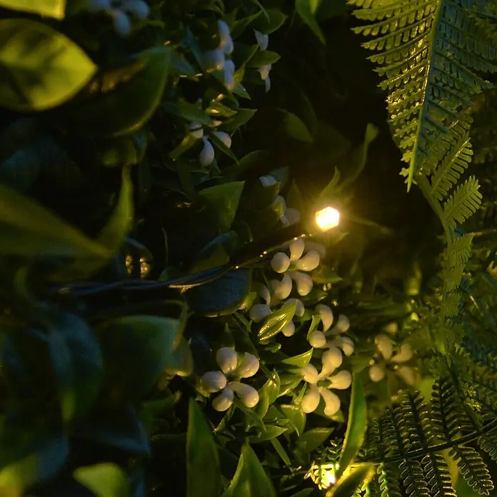 Jardín vertical Jungle con luces LED - Plástico, L x An: 100 x 100 cm - Primer plano de plantas artificiales con pequeñas flores blancas y una cadena de luces, creando un ambiente acogedor.