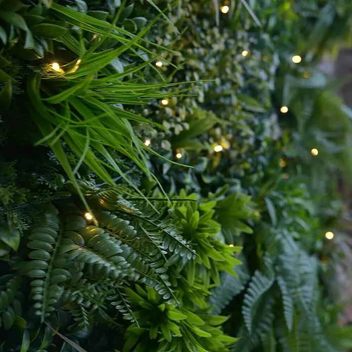 Jardín vertical Jungle con luces LED - Plástico, L x An: 100 x 100 cm - Pared verde artificial con hojas exuberantes y luces parpadeantes, creando un ambiente natural y relajante.