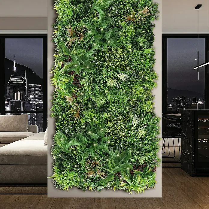 Jardín vertical Jungle con luces LED - Plástico, L x An: 100 x 100 cm - Una exuberante pared de jardín vertical con detalles LED, que aporta un toque de naturaleza a un interior moderno. Perfecto como decoración de pared.
