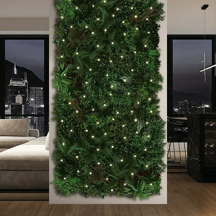 Jardín vertical Jungle con luces LED - Plástico, L x An: 100 x 100 cm - Un jardín vertical con luces decora la estancia, ofreciendo un ambiente moderno y natural.