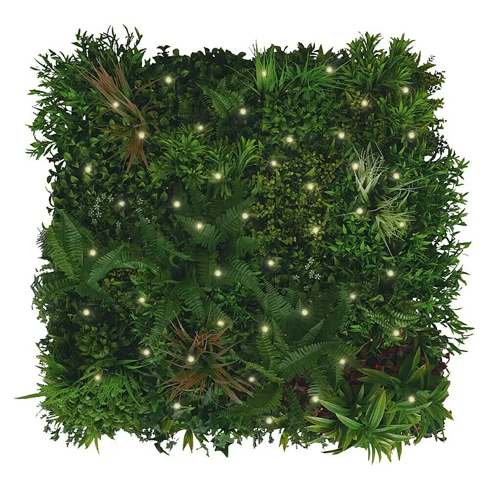 Jardín vertical Jungle con luces LED - Plástico, L x An: 100 x 100 cm - Pared de plantas artificial con vegetación y pequeñas luces, creando un ambiente acogedor. Pared decorativa para interiores.