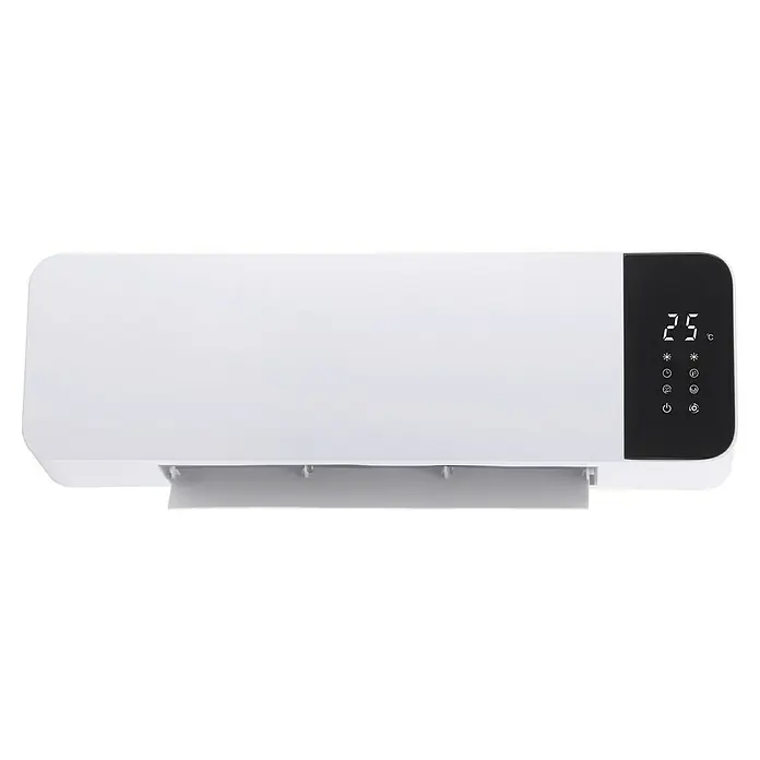 Voltomat HEATING Wandheizstrahler - 2.000 W, Weiß, 11 x 50 x 15,6 cm - Nahaufnahme einer weißen, an der Wand montierten Heizung mit einem digitalen Display und mehreren Bedienelementen.