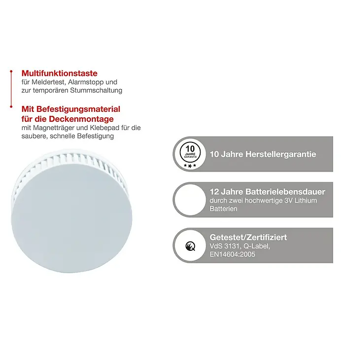 Gloria Rauchwarn- & Hitzemelder PX-1 - Durchmesser: 10,5 cm, Batterielaufzeit: 10 Jahre, Alarmsignal: 85 dB - Rauchmelder-Merkmale: Multifunktionstaste, Befestigungsmaterial, 10 Jahre Garantie, 12 Jahre Batterielebensdauer, geprüft und zertifiziert.