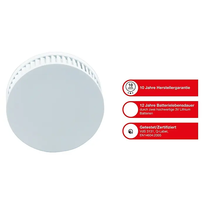 Gloria Rauchwarn- & Hitzemelder PX-1 - Durchmesser: 10,5 cm, Batterielaufzeit: 10 Jahre, Alarmsignal: 85 dB - Rauchmelder mit 10 Jahren Herstellergarantie und 12 Jahren Batterielebensdauer, VdS 3131, Q-Label, EN14604:2005 zertifiziert.