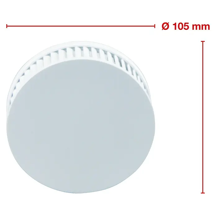 Gloria Rauchwarn- & Hitzemelder PX-1 - Durchmesser: 10,5 cm, Batterielaufzeit: 10 Jahre, Alarmsignal: 85 dB - Abbildung eines runden Rauchmelders mit den Maßen Ø 105 mm.