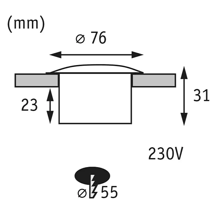 Paulmann Special Line LED-Einbauleuchte - 1,4 W, Weiß, Neutralweiß, IP65 - Technische Zeichnung einer LED-Einbauleuchte mit Maßangaben in Millimetern und der Spannungsangabe 230V.