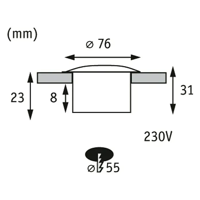 Paulmann Special Line LED-Einbauleuchte - 1,4 W, Weiß, Warmweiß, IP65 - Technische Zeichnung einer Einbauleuchte mit Maßangaben: Durchmesser 76 mm, Höhe 31 mm, Einbautiefe 23 mm, Spannung 230V.