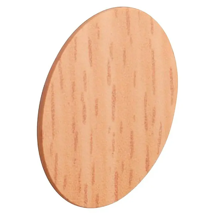 Stabilit Tapón embellecedor - Diámetro: 18 mm, Haya - Una pieza ovalada de madera con una superficie marrón clara y una veta visible, que ofrece una estética natural y cálida.