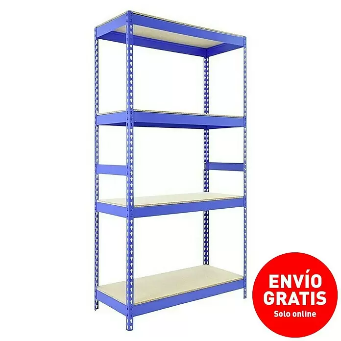 Regalux Estantería para cargas pesadas XXL - Al x An x Pr: 180 x 120 x 50 cm, Número de baldas: 4 ud., Inserción, Azul - Estantería metálica azul de cuatro niveles con baldas de madera clara para almacenamiento.
