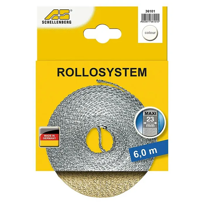 Schellenberg Cinta para persiana - Largo: 6 m, Anchura de la correa: 23 mm, Beige - Cinta para eje de persianas Schellenberg Maxi de 6,0 m en plata, ideal para sistemas de enrollamiento.