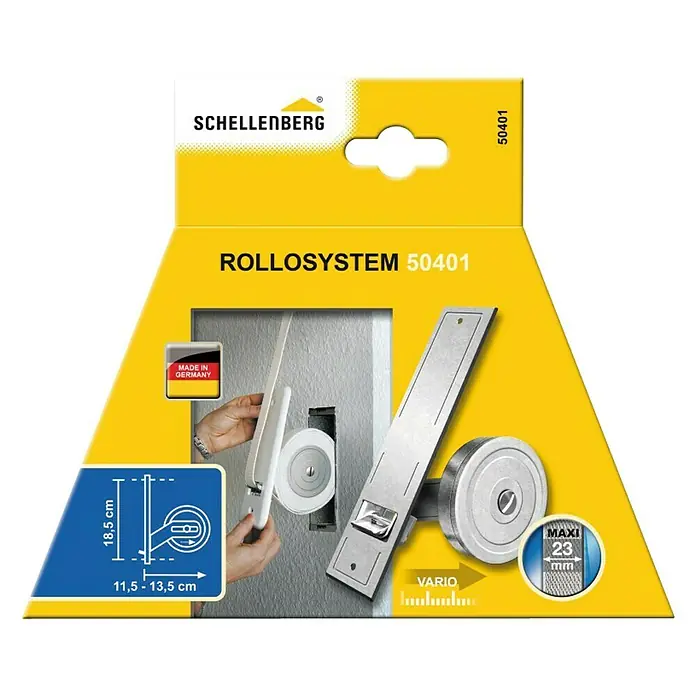 Schellenberg Polea 50401 - Distancia entre orificios: 185 mm, Anchura de la correa: 23 mm, Zincado - Embalaje del producto Schellenberg RolloSystem 50401, un sistema de persianas enrollables para ventanas y puertas con ancho ajustable.