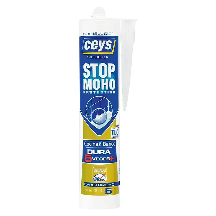 Ceys Silicona para sanitarios y cocinas Stop moho - Transparente, 280 ml - Tubo blanco de silicona antimoho Ceys, ideal para cocinas y baños, con protección duradera y secado rápido.