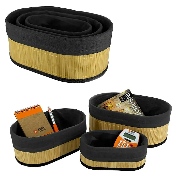 Bad-Aufbewahrungskorb - 3 -tlg., 30 x 12 x 20 cm, Bambus/Schwarz - Aufbewahrungs-Set mit vier Körben aus Bambus und Stoff, ideal für Ordnung im Haus.