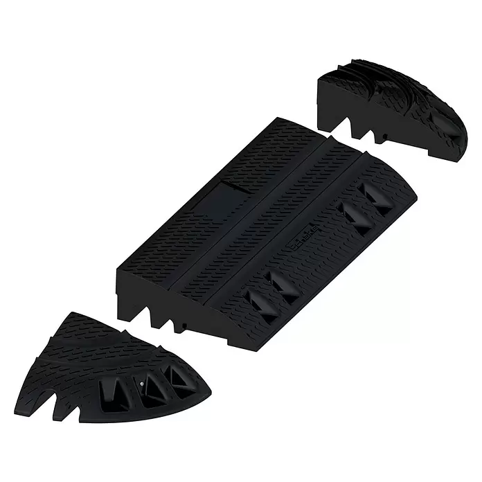 Schake Auffahrrampe - L x B x H: 100 x 35 x 12 cm - Schwarzer modularer Kabelschutz mit Mittelteil und zwei Endrampen aus robustem Material.