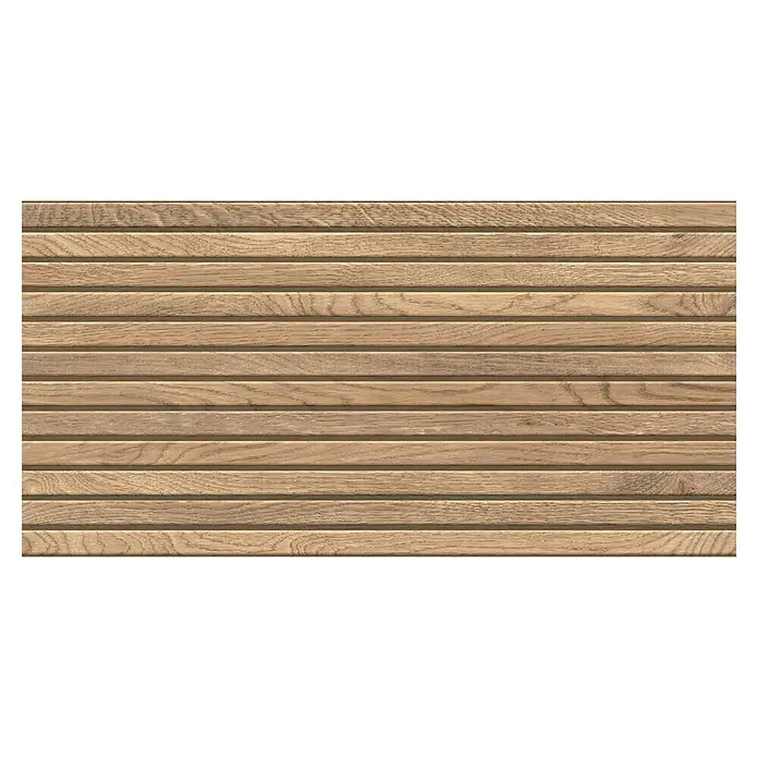 Feinsteinzeugfliese Boseli Wood - 59,8 x 119,8 cm, Braun, Matt - Nahaufnahme einer Wandverkleidung aus hellem Holz mit horizontalen Paneelen und sichtbarer Maserung für eine natürliche Optik.