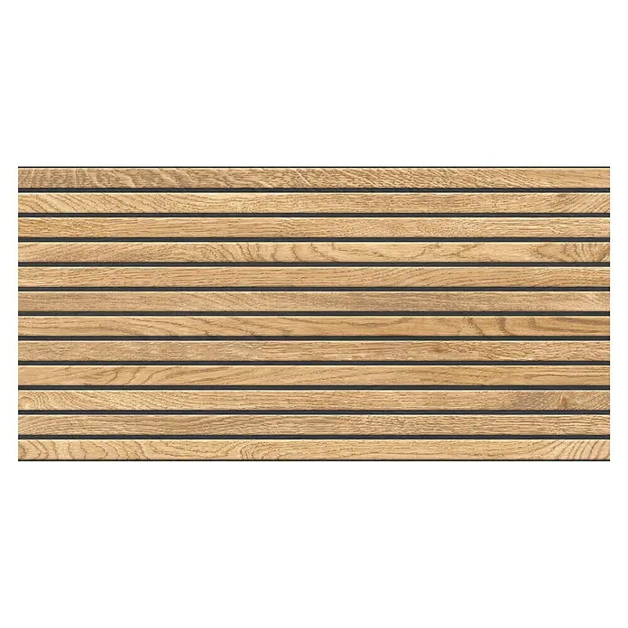 Wandfliese Boseli Wood - 29,8 x 59,8 cm, Beige, Matt - Eine Nahaufnahme von akustischen Holzpaneelen mit einer warmen Holzmaserung, ideal für moderne Innenräume und Schallschutz.