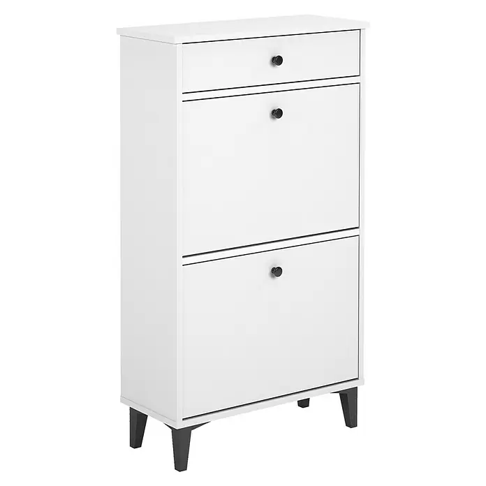 Meka Block Zapatero K-307 - L x An x Al: 25 x 61 x 110 cm, Blanco Soft, Número de compartimentos: 2 ud. - Zapatero blanco con un cajón y dos solapas, perfecto para guardar zapatos en el pasillo. Elegante, práctico y organizativo.