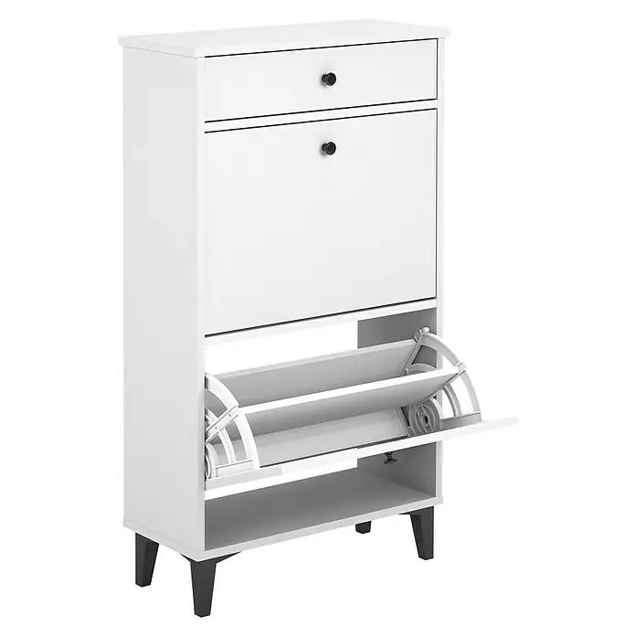 Meka Block Zapatero K-307 - L x An x Al: 25 x 61 x 110 cm, Blanco Soft, Número de compartimentos: 2 ud. - Un zapatero blanco con compartimentos basculantes y un cajón ofrece un almacenamiento elegante para zapatos y accesorios.