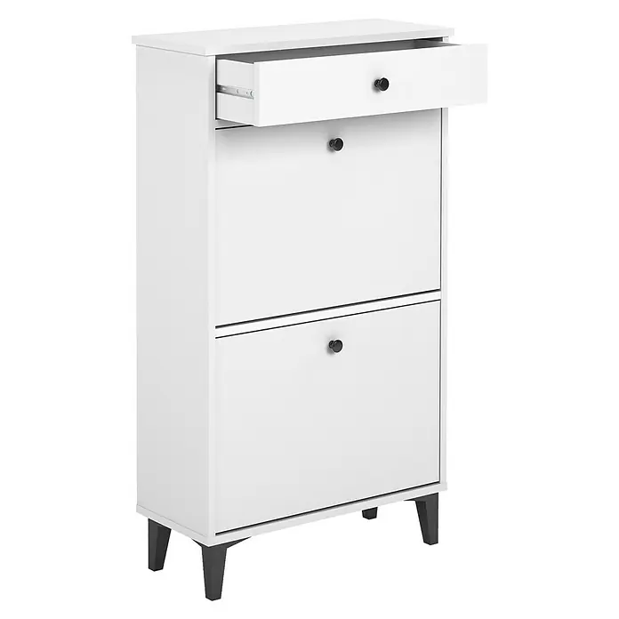 Meka Block Zapatero K-307 - L x An x Al: 25 x 61 x 110 cm, Blanco Soft, Número de compartimentos: 2 ud. - Zapatero blanco con dos compartimentos y un cajón. El armario está sobre pies negros y tiene pomos negros.