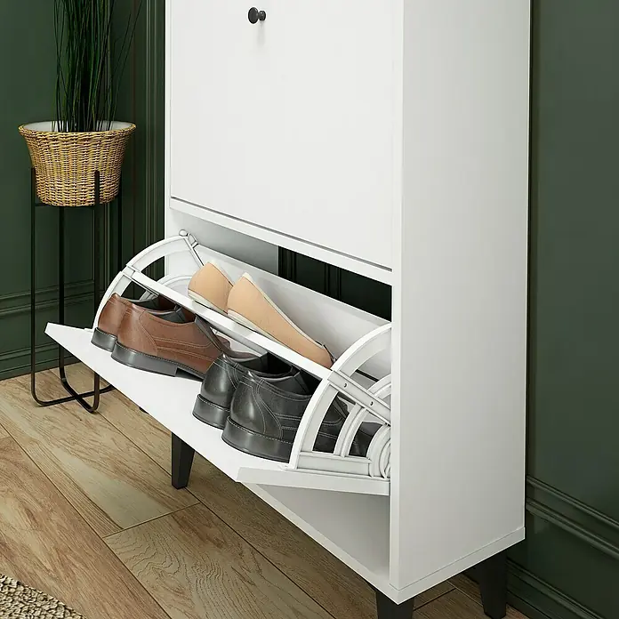 Meka Block Zapatero K-307 - L x An x Al: 25 x 61 x 110 cm, Blanco Soft, Número de compartimentos: 2 ud. - Elegante zapatero blanco con cajones abatibles para un almacenamiento elegante y que ahorra espacio.