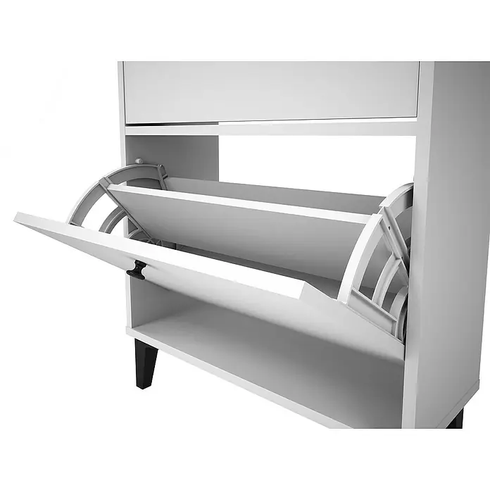 Meka Block Zapatero K-307 - L x An x Al: 25 x 61 x 110 cm, Blanco Soft, Número de compartimentos: 2 ud. - Primer plano de un zapatero blanco con compartimentos abatibles. El diseño elegante ofrece soluciones de almacenamiento prácticas.