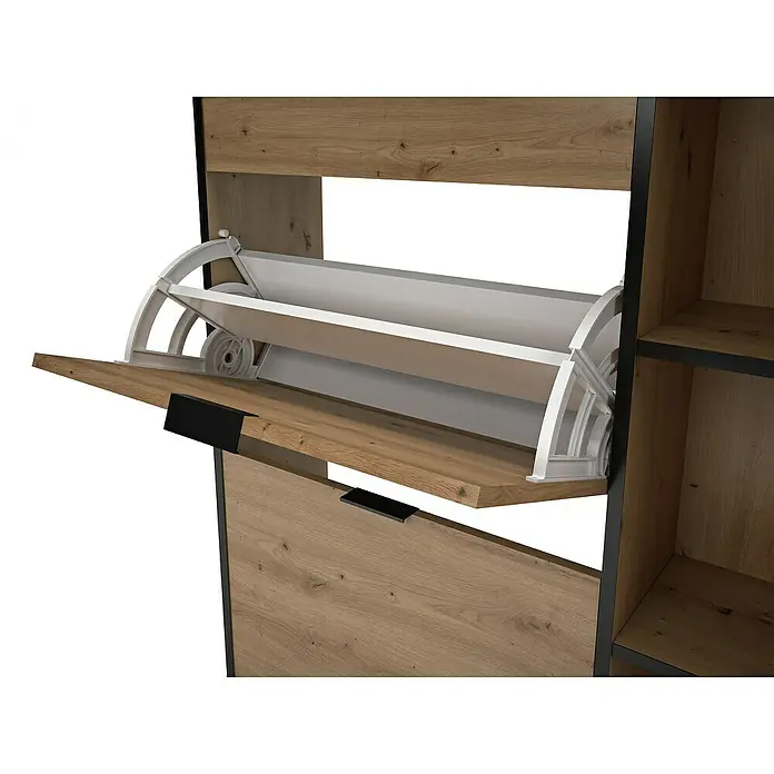 Meka Block Zapatero K-305 - L x An x Al: 24,5 x 90 x 111 cm, Roble Albar/Pizarra, Número de compartimentos: 2 ud. - Una mirada cercana a un moderno zapatero con un estante para zapatos abatible, perfecto para optimizar el almacenamiento de zapatos.