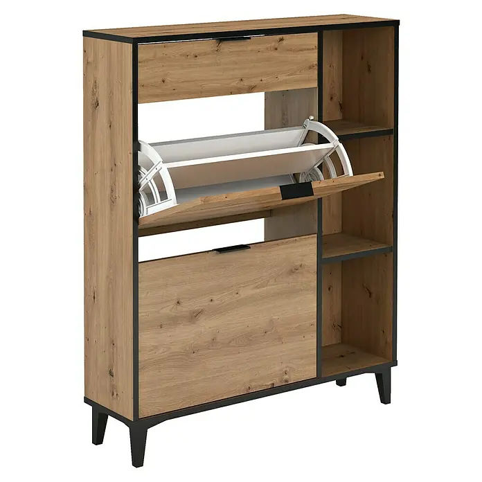 Meka Block Zapatero K-305 - L x An x Al: 24,5 x 90 x 111 cm, Roble Albar/Pizarra, Número de compartimentos: 2 ud. - Un moderno zapatero con aspecto de madera con compartimentos abatibles y estantes abiertos, ideal para guardar y organizar tus zapatos.