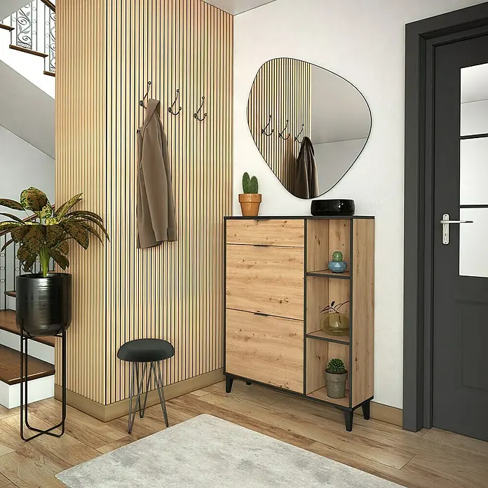 Meka Block Zapatero K-305 - L x An x Al: 24,5 x 90 x 111 cm, Roble Albar/Pizarra, Número de compartimentos: 2 ud. - Zapatero de madera con espejo y estantes, ideal para la entrada, que combina funcionalidad con diseño moderno.