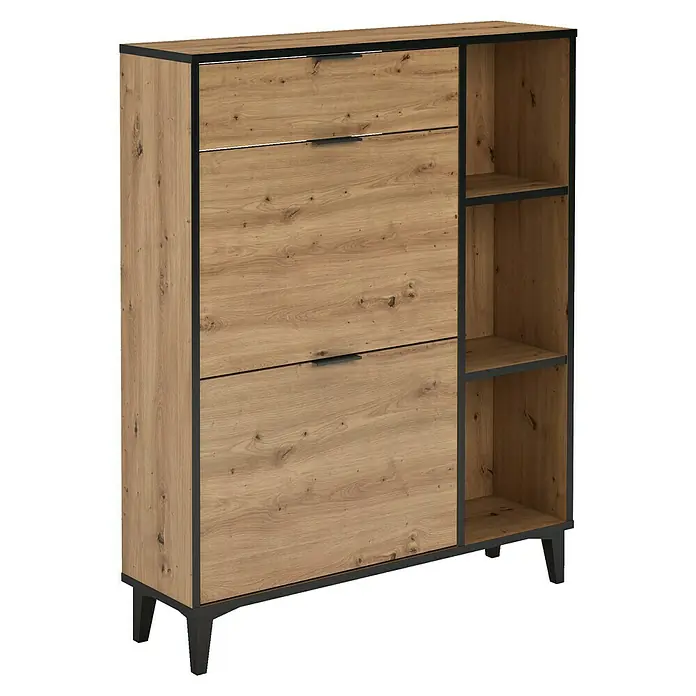 Meka Block Zapatero K-305 - L x An x Al: 24,5 x 90 x 111 cm, Roble Albar/Pizarra, Número de compartimentos: 2 ud. - Zapatero con dos compartimentos abatibles y estantería abierta, diseño rústico de madera con marco metálico negro para un aspecto moderno.