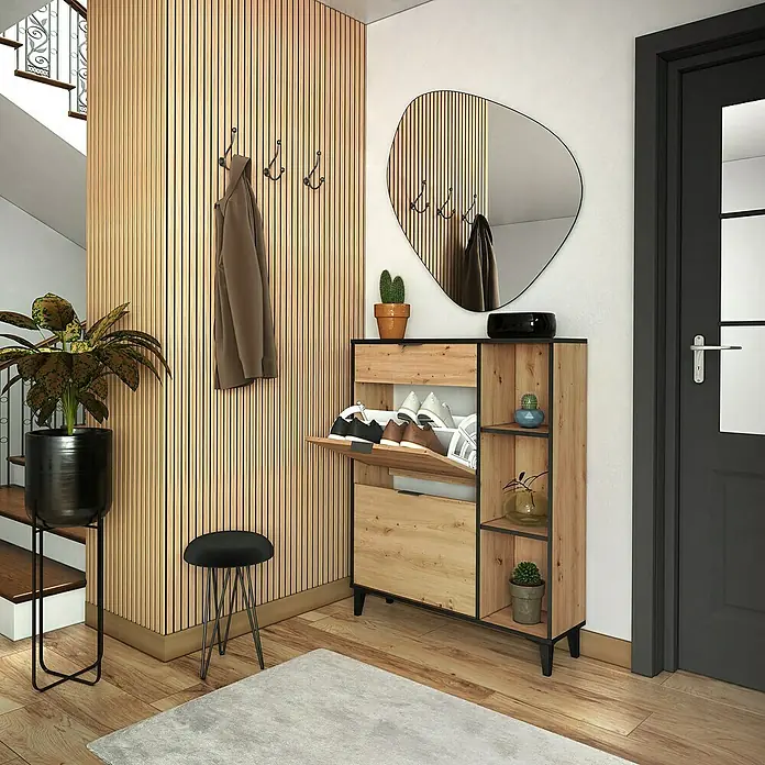 Meka Block Zapatero K-305 - L x An x Al: 24,5 x 90 x 111 cm, Roble Albar/Pizarra, Número de compartimentos: 2 ud. - Entrada con zapatero de madera con compartimentos abatibles y estanterías abiertas, espejo, perchero y planta en maceta.