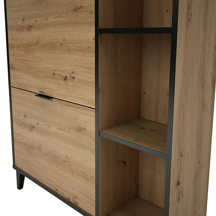 Meka Block Zapatero K-305 - L x An x Al: 24,5 x 90 x 111 cm, Roble Albar/Pizarra, Número de compartimentos: 2 ud. - Zapatero de madera representado con dos compartimentos y dos estantes de almacenamiento, ideal para organizar zapatos y accesorios.