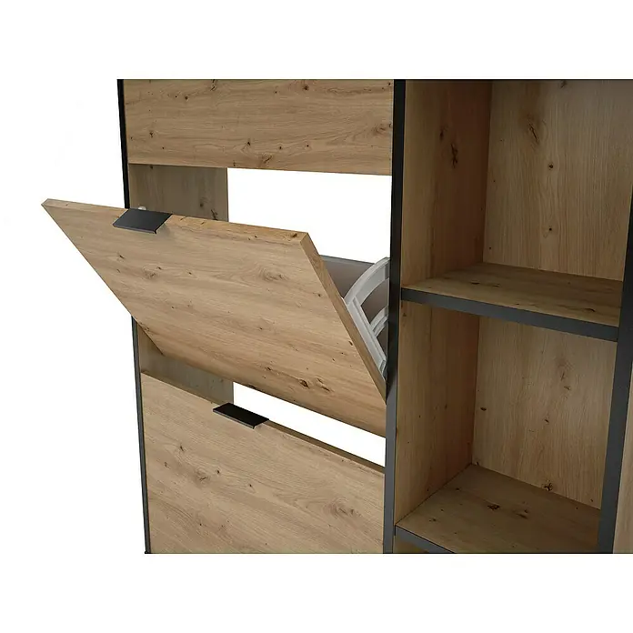 Meka Block Zapatero K-305 - L x An x Al: 24,5 x 90 x 111 cm, Roble Albar/Pizarra, Número de compartimentos: 2 ud. - Este moderno diseño de zapatero cuenta con compartimentos abatibles y estantes abiertos para un elegante almacenamiento de zapatos.