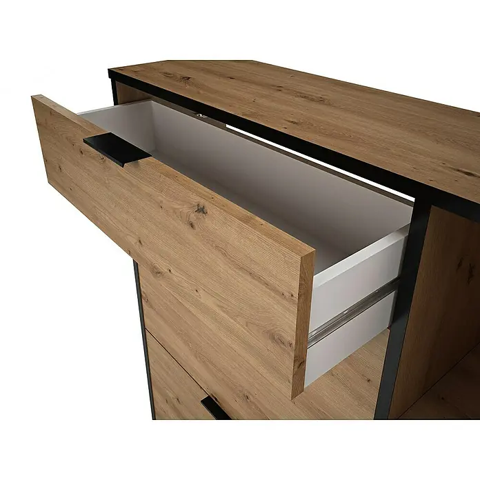 Meka Block Zapatero K-305 - L x An x Al: 24,5 x 90 x 111 cm, Roble Albar/Pizarra, Número de compartimentos: 2 ud. - Primer plano de un armario de madera con un cajón abierto, destacando el diseño moderno y la funcionalidad del mueble.