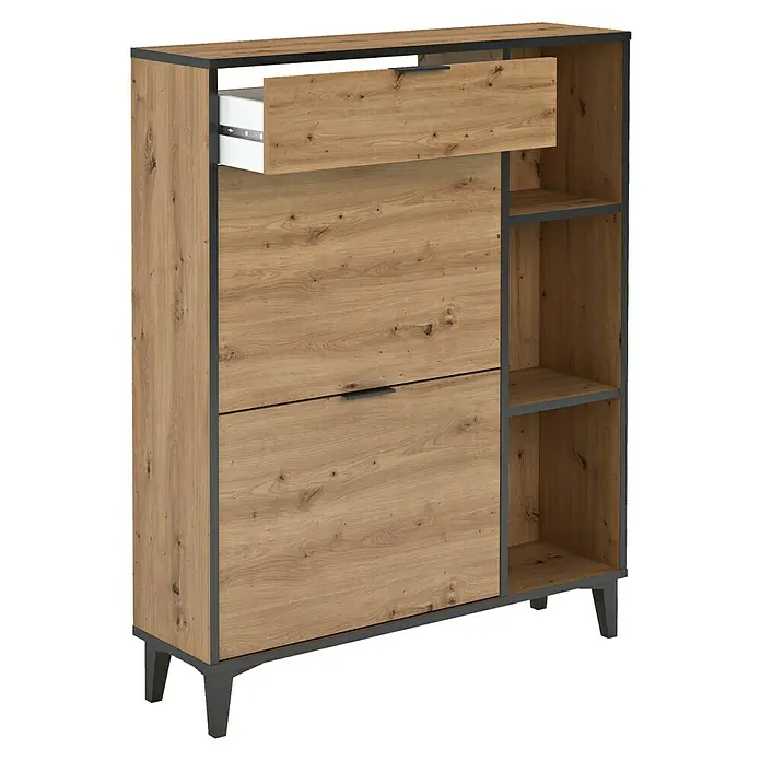 Meka Block Zapatero K-305 - L x An x Al: 24,5 x 90 x 111 cm, Roble Albar/Pizarra, Número de compartimentos: 2 ud. - Un moderno zapatero con cajón y estantes ofrece un elegante espacio de almacenamiento para zapatos y accesorios.